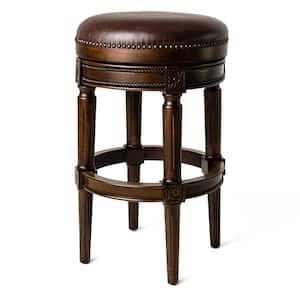 Pullman 31 in. Dark Walnut Backless Wooden Bar Stool with Luxe Vintage Brown Vegan Leather Upholstered Seat