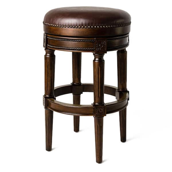 MAVEN LANE Pullman 31 in. Dark Walnut Backless Wooden Bar Stool with Luxe Vintage Brown Vegan Leather Upholstered Seat