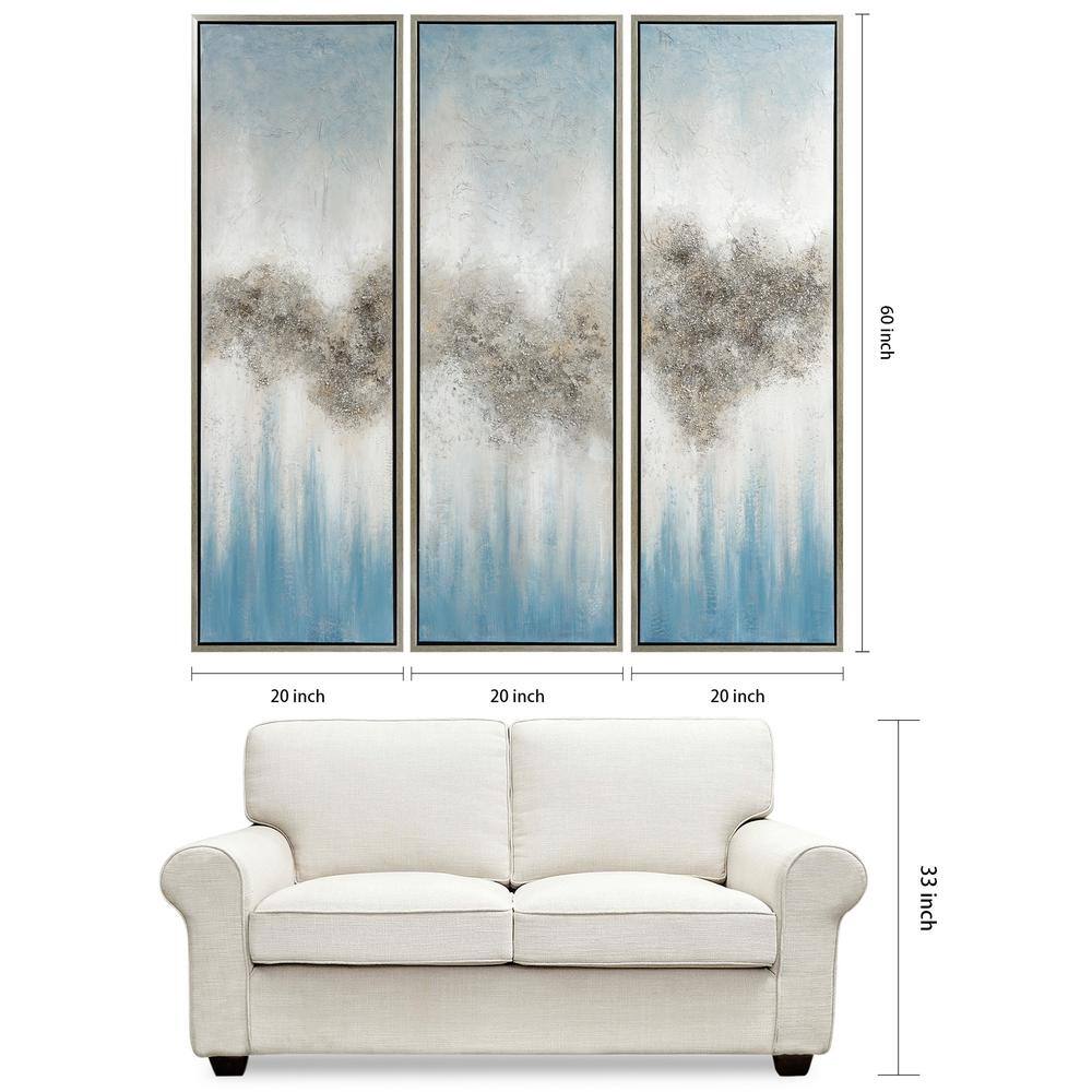 Sequence Blue and Silver Abstract Triptych Canvas Painting