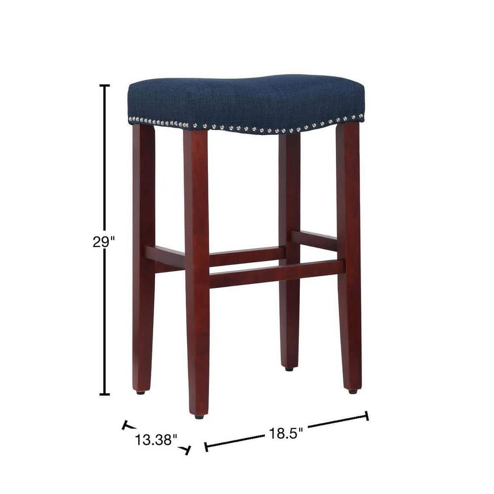 29" Cherry Wood Navy Blue Upholstered Saddle Seat Bar Stools, Set of 2