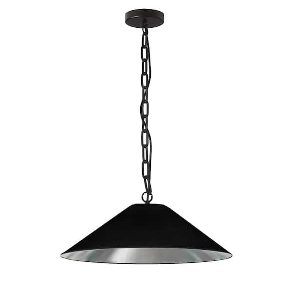 Dainolite Presley 1-Light Matte Black Shaded Pendant Light with Black/Silver HardBack Shade