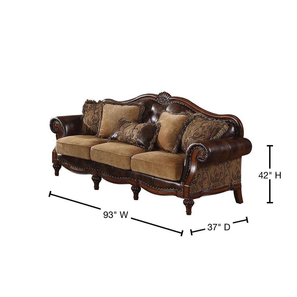 Elegant 95'' Two-Tone Brown Faux Leather & Chenille Sofa with Nailhead Trim