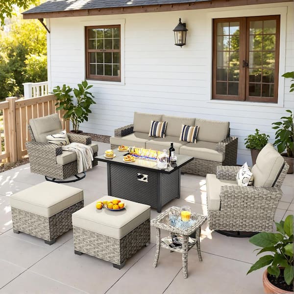 HOOOWOOO Kelleys 9-Piece Wicker Modern Outdoor Patio Conversation Sofa Set with a Fire Pit, Swivel Chairs and Beige Cushions