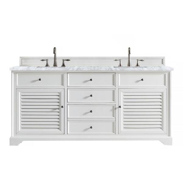 James Martin Vanities Savannah 72 in. W x 23.5 in.D x 34.3 in.H Double Bath Vanity in Bright White with Marble Vanity Top in Carrara White