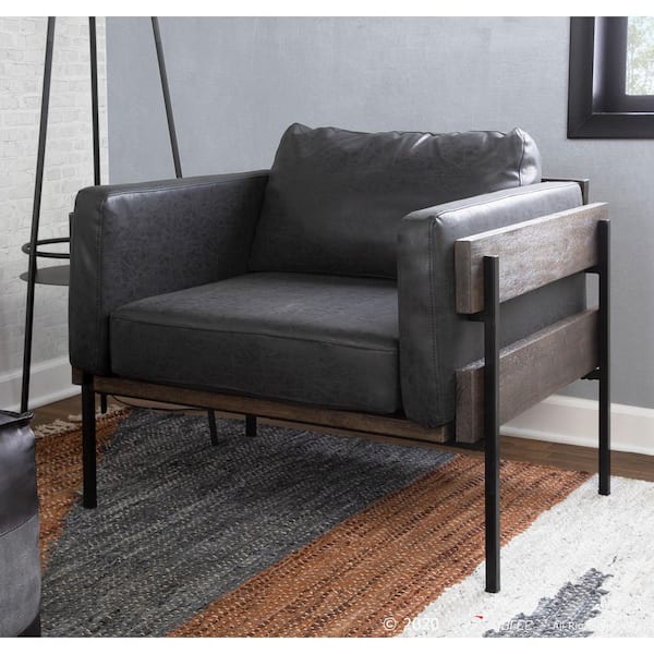 Kari Black Faux Leather, Brown Wood and Black Metal Arm Chair