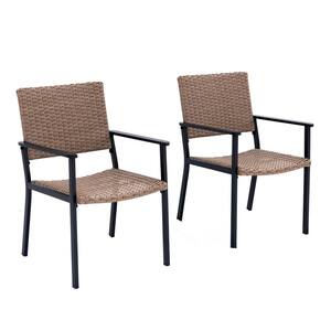 Charcoal Black Frame Natural All-Weather Wicker and Metal Dining Chair for Outside Patio Table (2-Pack)