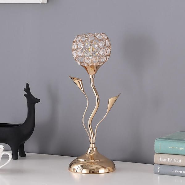 Borealis 14 in. Gold Rose Metal Modern Table Lamp with Acrylic Beads Shade