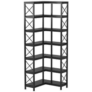 Eulas 78 in. Tall Black Engineered Wood 7 Shelf Corner Bookcase, Large Modern Corner Bookshelf Storage Display Rack