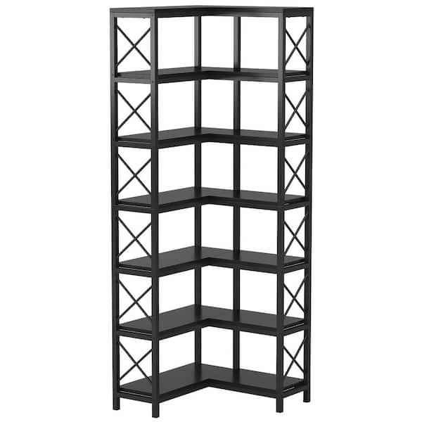 BYBLIGHT Eulas 78 in. Tall Black Engineered Wood 7 Shelf Corner Bookcase, Large Modern Corner Bookshelf Storage Display Rack