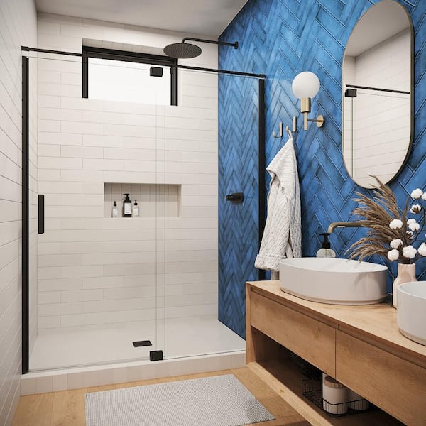Streamline Chiana 60 in. W x 74 in. H Pivot Shower Door, Crystal Tech Treated 5/16 in. Tempered Clear Glass, Matte Black Hardware