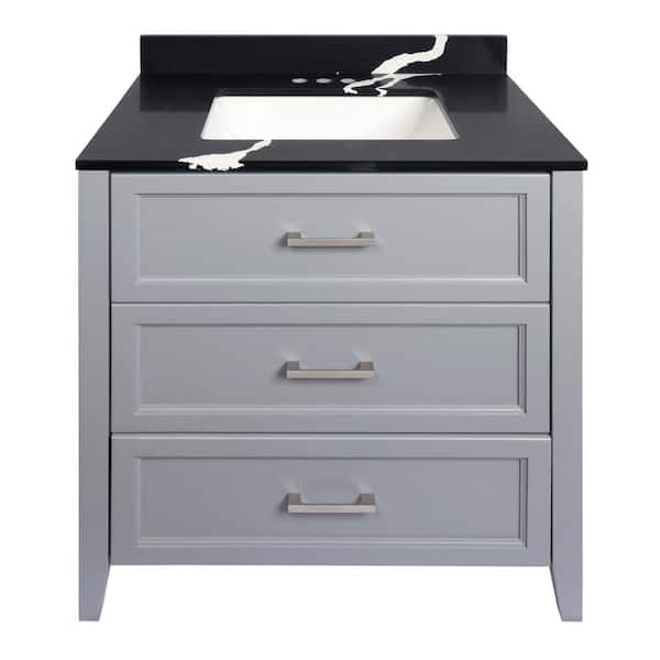 Amluxx Capri 31 in. W x 22 in. D Bath Vanity in Grey with Quartz Stone Vanity Top in Calacatta Black with White Basin