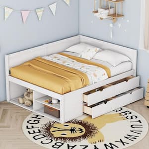 White Wood Frame Full Size Daybed with Under-Bed Shelves, 4-Storage Drawers