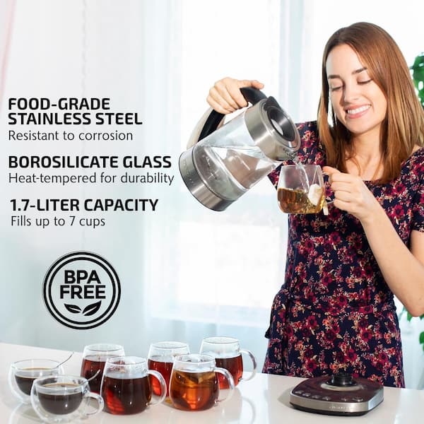 Electric Glass Tea Kettle with Infuser, 1.7L Fast Boiling, Stainless Steel,  Temperature Control Tea Maker, BPA Free - Easy Lid Removal & Keep Warm