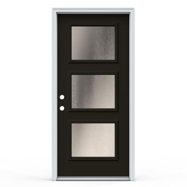 JELD-WEN 36 in. x 80 in. 3-Panel Equal Right-Hand/Inswing 3-Lite Decorative Glass Black Steel Prehung Front Door with Brickmould