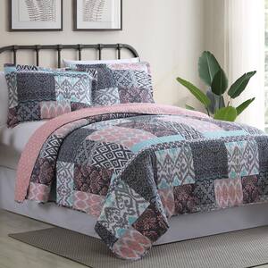 Sylvia 3-Piece Multi-Colored King Printed Reversible Microfiber Quilt Set
