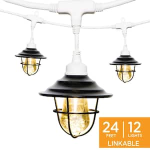 12 Bulb 24 ft. Indoor/Outdoor White Plug-In Integrated LED String Lights, Oil-Rubbed Bronze Shades, Acrylic Edison Bulbs