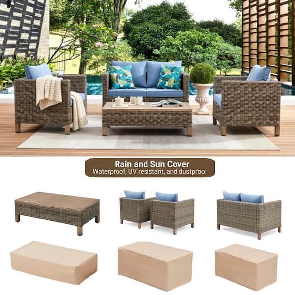 4-Piece Wicker Patio Conversation Set with Blue Cushions