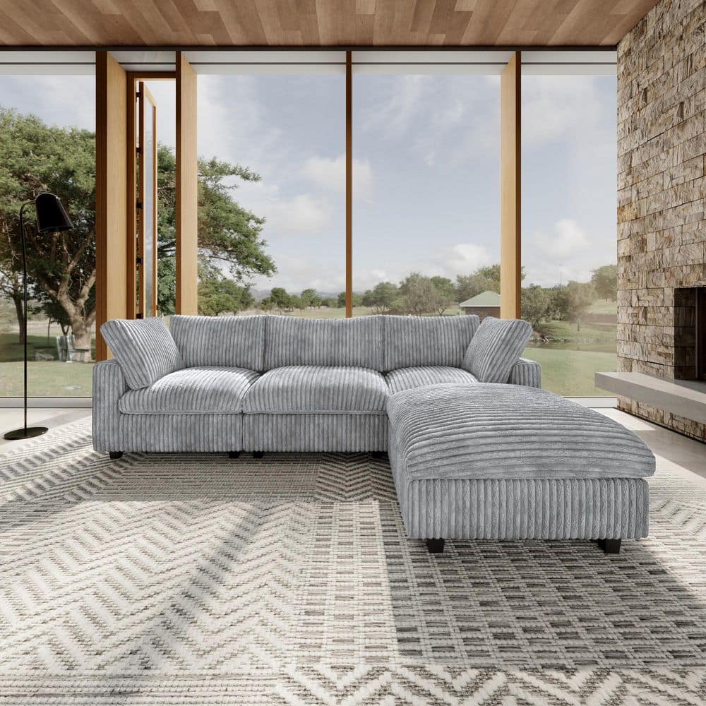 J&E Home 4-Piece Gray Faux Rabbit Fur Fabric Sectional Sofa L