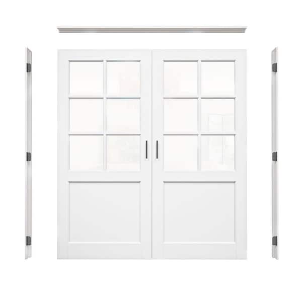 72 in. x 80 in. 6-Lite Clear Glass Universal White Solid Core Glass Double Prehung French Door+ Quick Jamb&Ball Catch