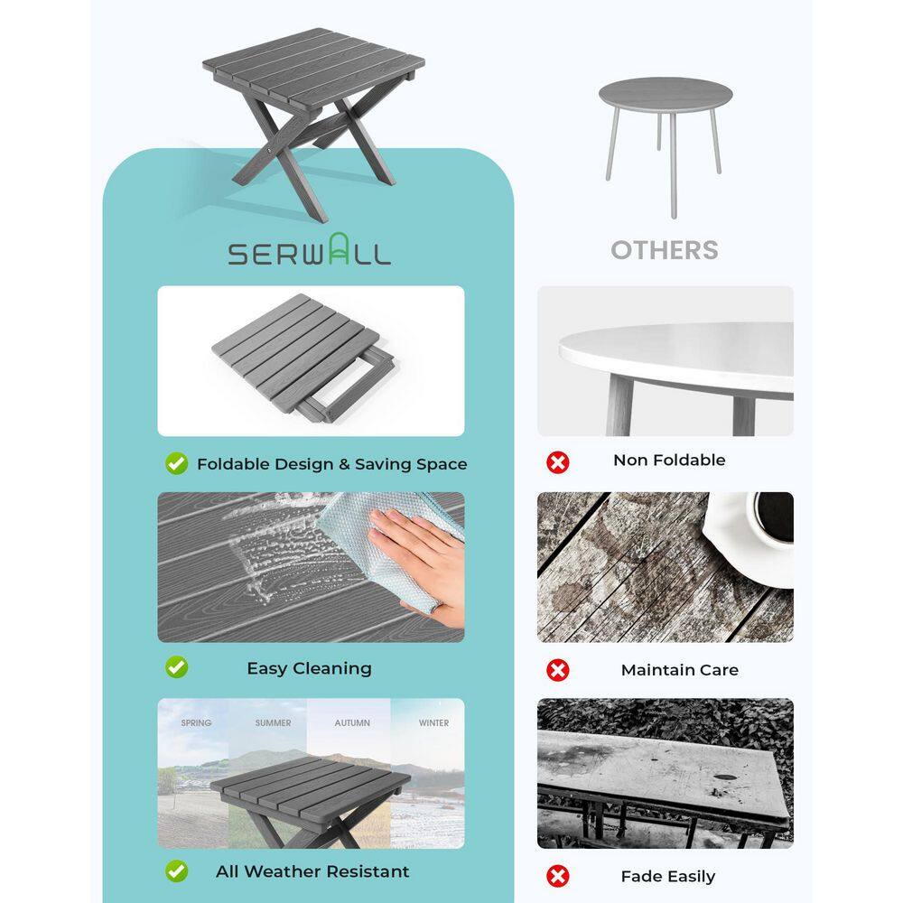 Gray HDPE Folding Outdoor Side Table with Slatted Top