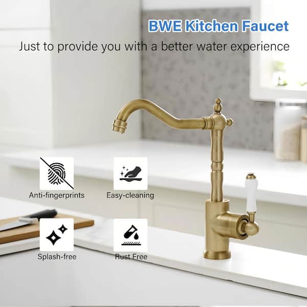 Solid Brass Single Handle High-Arc Standard Kitchen Faucet with Ceramic Handle in Antique Brass