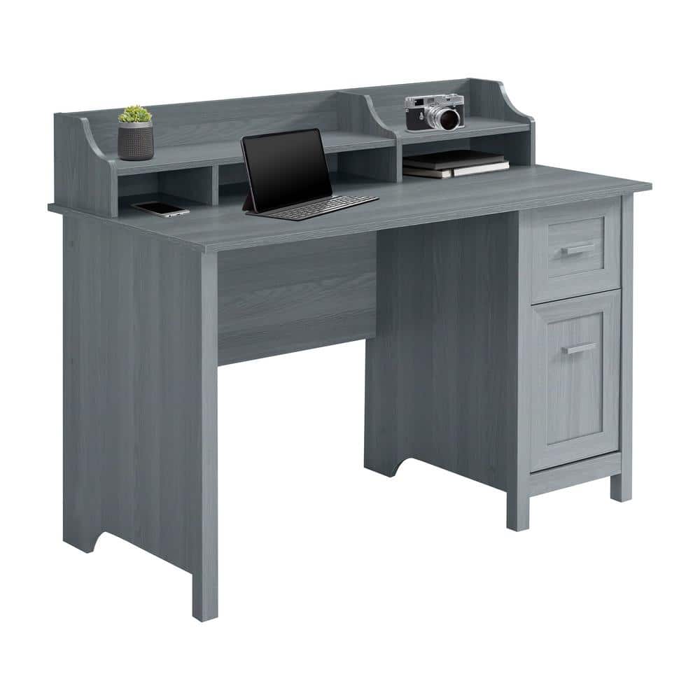 Modern Gray Wood-Design Office Desk with Hutch and Drawers