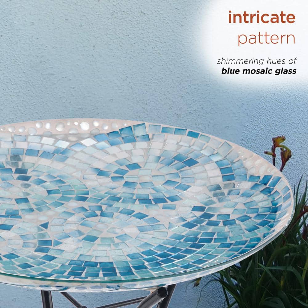 Blue Mosaic Glass Birdbath with Metal Stand, 24" Tall