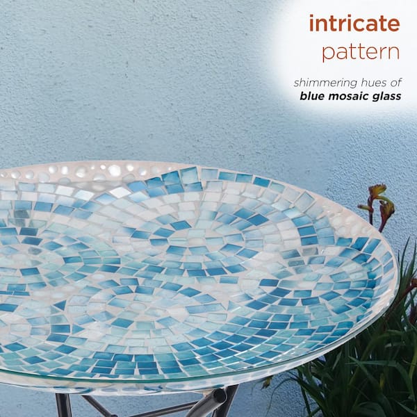 Alpine Corporation - 24 in. Tall Outdoor Mosaic Style Glass Birdbath Bowl with Metal Stand, Blue