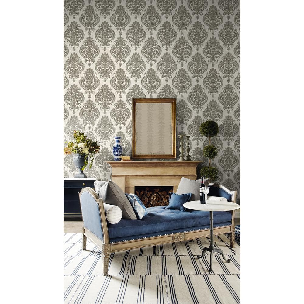 Charcoal and Ivory Damask Removable Washable Wallpaper