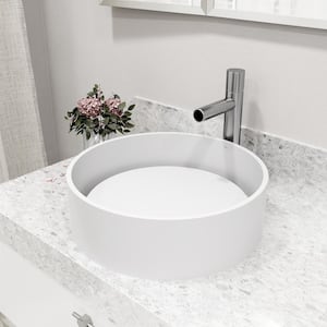 Matte Stone Anvil Composite Round Vessel Bathroom Sink in White with Ashford Faucet and Pop-Up Drain in Brushed Nickel