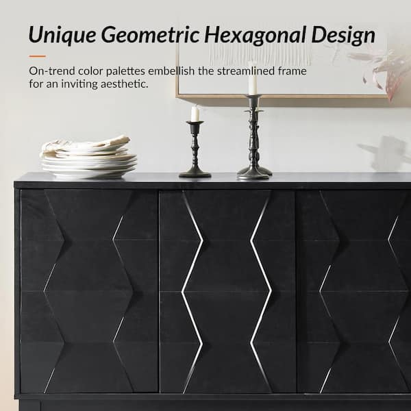 JAYDEN CREATION Kamis Black Wood 60 in. Sideboard with Hexagonal