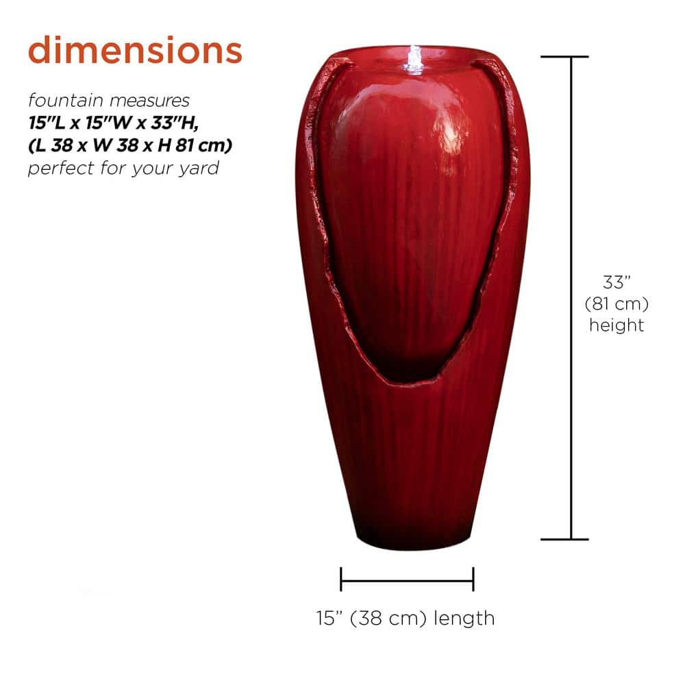Red 32" Fiberglass Jar Water Fountain with LED Light