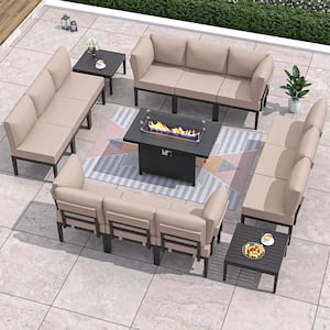 15-Piece Metal Patio Conversation Set with 55000 BTU Gas Fire Pit Table and Glass Coffee Table and Sand Cushions