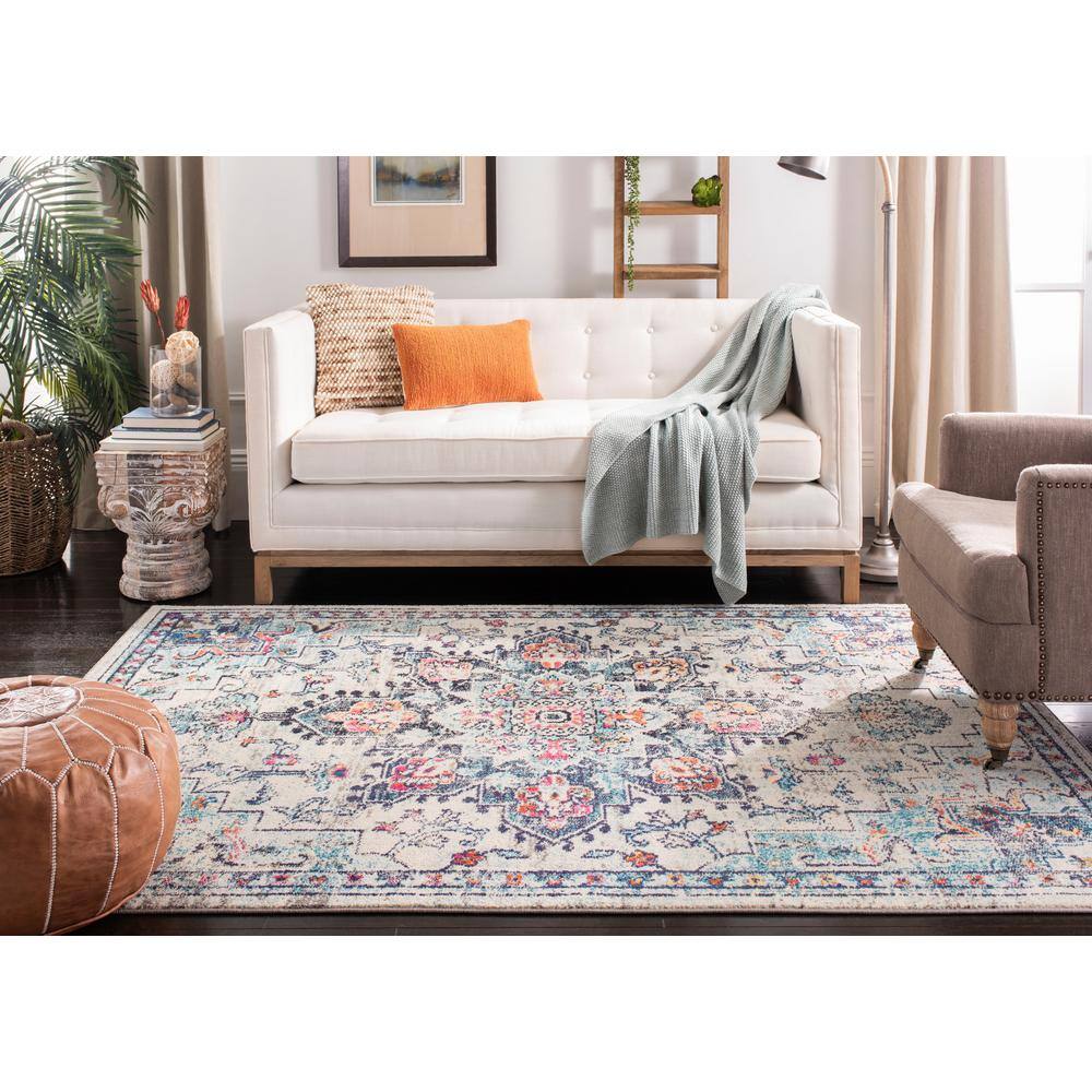Handmade Cream and Blue Round Synthetic Rug