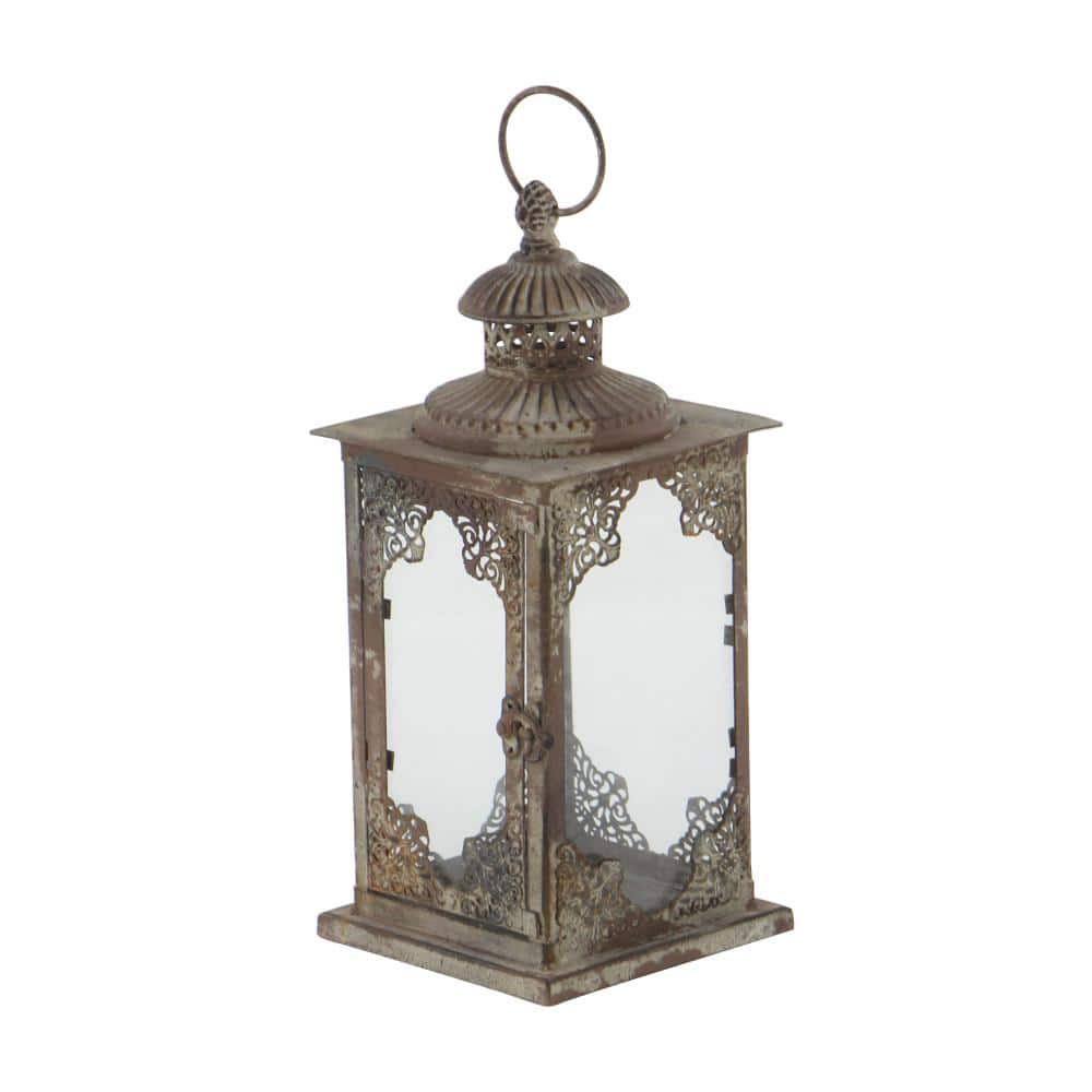 Elegant Tarnished Gray Iron and Glass Tabletop Lantern