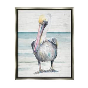 Pelican Bird Standing Beach Sand Grain Pattern Design by Patricia Pinto Floater Frame Animal Art Print 31 in. x 25 in.