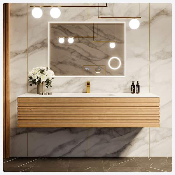 Allure 55 in. Single Sink Floating Natural Oak Bath Vanity with White Solid Surface Top (Assembled)