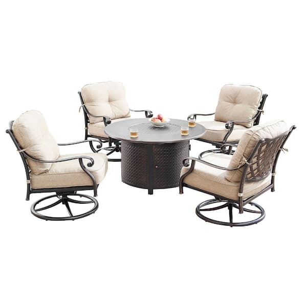 Finland Luxurious Antique Copper 5-Piece Aluminum Patio Fire Pit Deep Seating Set with Tan Beige Cushions