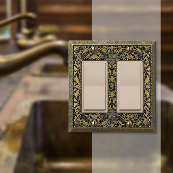 Filigree 2 Gang Rocker Metal Wall Plate - Antique Brass