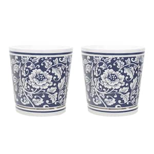 8.75 in. Dia Navy and White Floral Design Melamine Pot with In-Line Saucer (2-Pack)