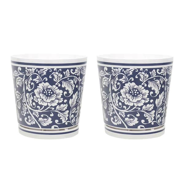 MPG 8.75 in. Dia Navy and White Floral Design Melamine Pot with In-Line Saucer (2-Pack)