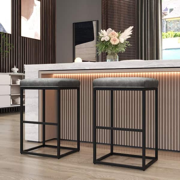 PHI VILLA 30 in. Gray Leather Cushion and Black Metal Frame Metal Bar Stool (2-pieces)