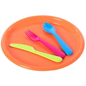 Reusable Cutlery Set of 4 (1 of Green, Pink, Blue, Orange) Plastic Plates, Spoons, Forks, and Knives for Kids