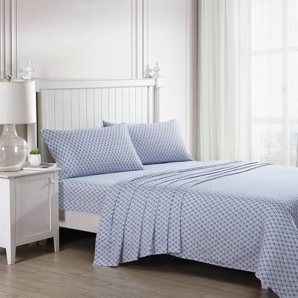 Blue Cotton Sateen Queen Sheet Set with Floral Print