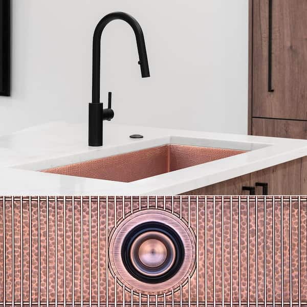 Fossil Blu Luxury 33 in. Drop in or Undermount Single Bowl 12-Gauge Medium Patina Copper Kitchen Sink with Grid and Disposal Flange