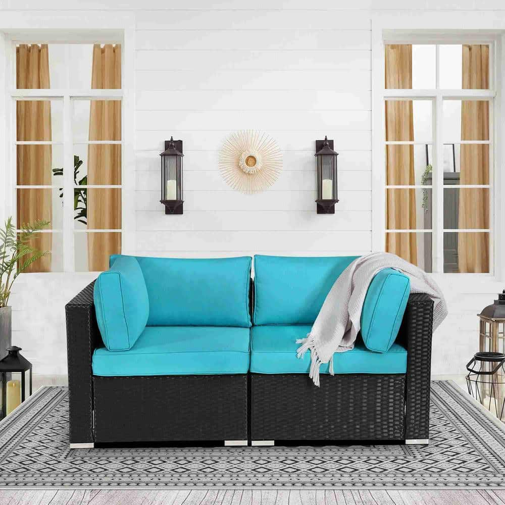 Belham living cara all weather wicker sectional sofa 2025 with blue cushions