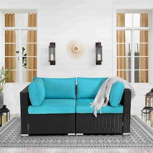 Black 2-Piece Wicker Patio Loveseats Outdoor All Weather Sectional Sofa Rattan Wicker Corner Sofa with Blue Cushions