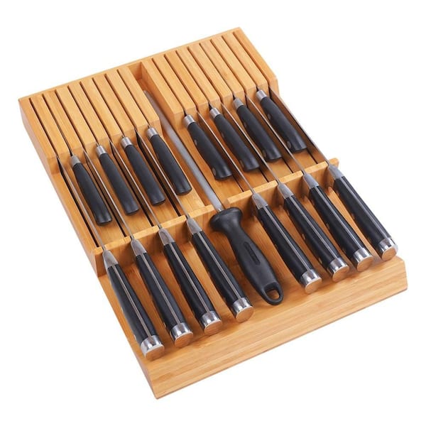 16-Knife In-Drawer Knife Block Bamboo Kitchen Knife Drawer Organizer Fit for One Sharpening Steel, Large