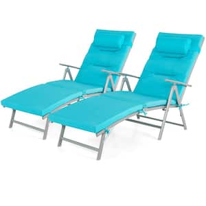 2-PCS Metal Outdoor Folding Chaise Lounge Chair Recliner Adjustable with Turquoise Cushion and Pillow