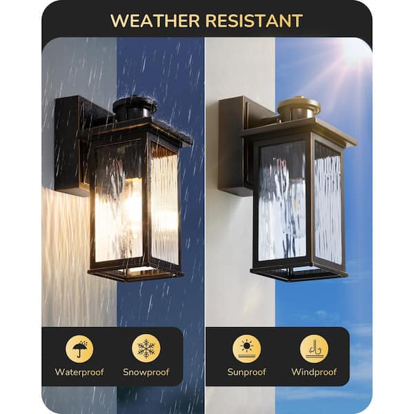 11.8 in. Black Motion Sensing Dusk to Dawn Outdoor Hardwired Wall Light Lantern Scone with Built-in 2 GFCI Outlet